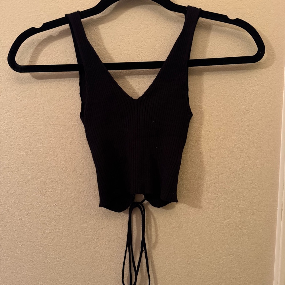 Black Ribbed Tank Top with Tie Back